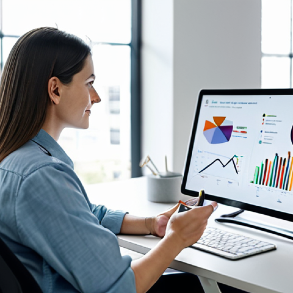 A professional female graphic designer in a modest, contemporary business casual outfit, seated at a modern, clean desk in a brightly lit, collaborative office space. She is engaged with a large tablet screen displaying dynamic, abstract visualizations of AI-generated design concepts and creative data. The background features blurred office elements and soft natural light from large windows. The image should convey synergy between human creativity and technology. Safe for work, appropriate content, fully clothed, professional dress, perfect anatomy, natural pose, correct proportions, well-formed hands, proper finger count, natural body proportions, high-quality photograph, realistic, studio lighting.