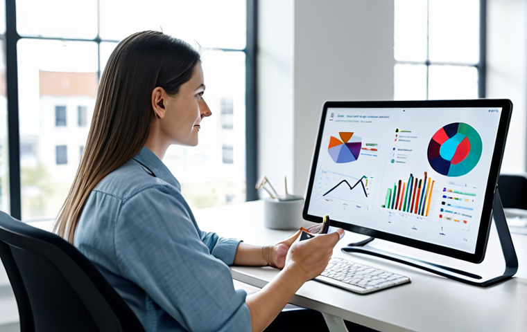 A professional female graphic designer in a modest, contemporary business casual outfit, seated at a modern, clean desk in a brightly lit, collaborative office space. She is engaged with a large tablet screen displaying dynamic, abstract visualizations of AI-generated design concepts and creative data. The background features blurred office elements and soft natural light from large windows. The image should convey synergy between human creativity and technology. Safe for work, appropriate content, fully clothed, professional dress, perfect anatomy, natural pose, correct proportions, well-formed hands, proper finger count, natural body proportions, high-quality photograph, realistic, studio lighting.
